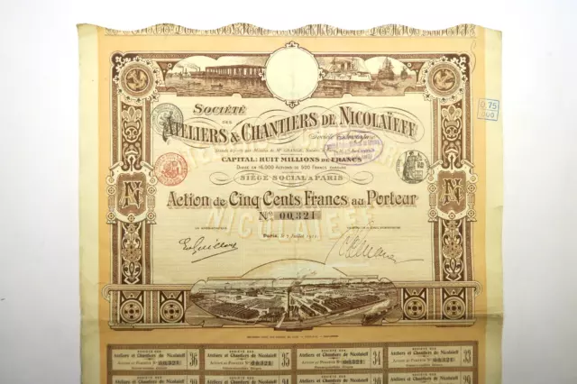 Russian Bond Ateliers Et Chantiers De Nicolaieff Action 500 Francs 1911 +Coupons