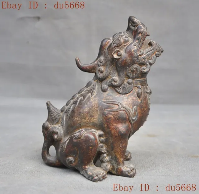 6"Old Chinese Bronze Gilt wealth animal unicorn Brave troops Pixiu beast statue