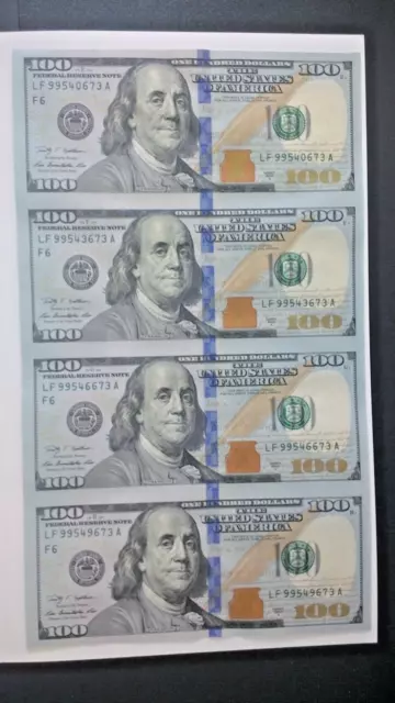 100 One Hundred Dollar Bill Uncut Currency Sheet of 4 Notes 2009 A