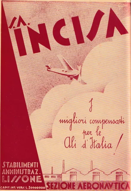 Pubblicita 1938 S.a. Incisa Lissone Sezione Aeronautica Compensati Aerei Giudici