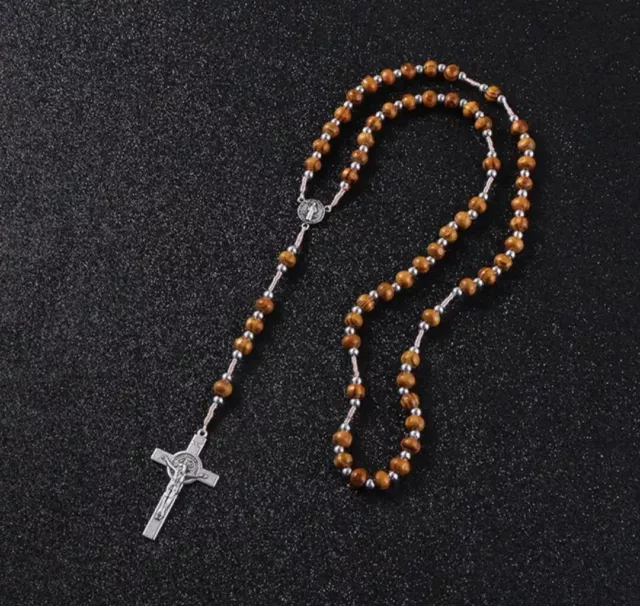 Wooden Rosary Beads Necklaces Catholic Religious Christian Cross Traditional 3