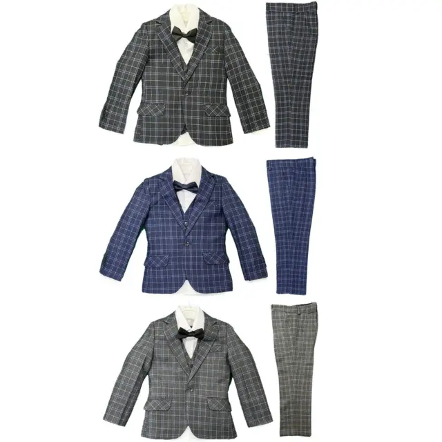 Boys Suits 5 Piece Checked Wedding Page Boy Party Prom Suit Formal Kids
