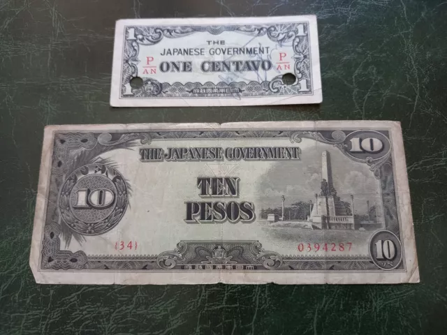 PHILIPPINES WWII Japanese Government 1 Centavo & 10 Pesos 1940's