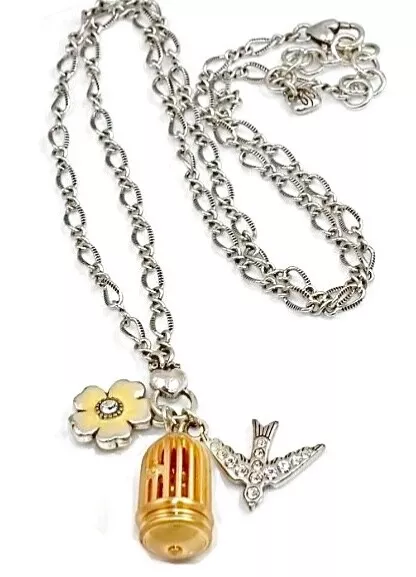 Brighton Balladry Bird Cage Flower Swarovski Crys+Enam Slvr+Gld Necklace Vg+✨Vtg