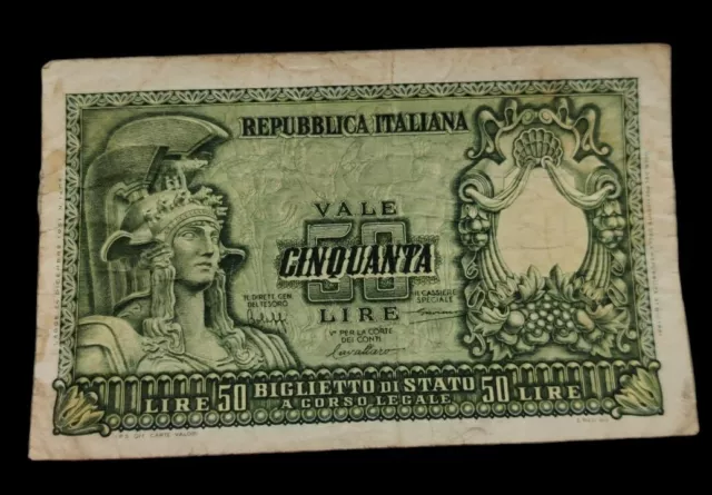 1951 Italy 50 Fifty Lire Green Banknote Circulated GB UK Italia