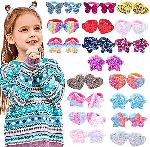 36 PCS Glitter Hair Ties for Kids Bow Tie Butterfly Rainbow Heart Ponytail Hol..