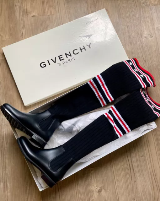 NEW! Givenchy Storm Sock Knit Thigh High Over Knee OTK Rain Boots Black Red Sz 8