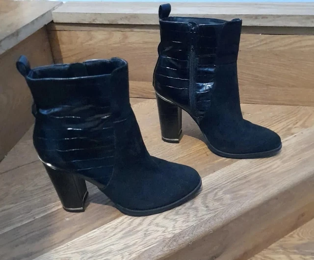 RIVER ISLAND SIZE 7 Eu 40 Ladies Black Winter Ankle Boots Block Heels £