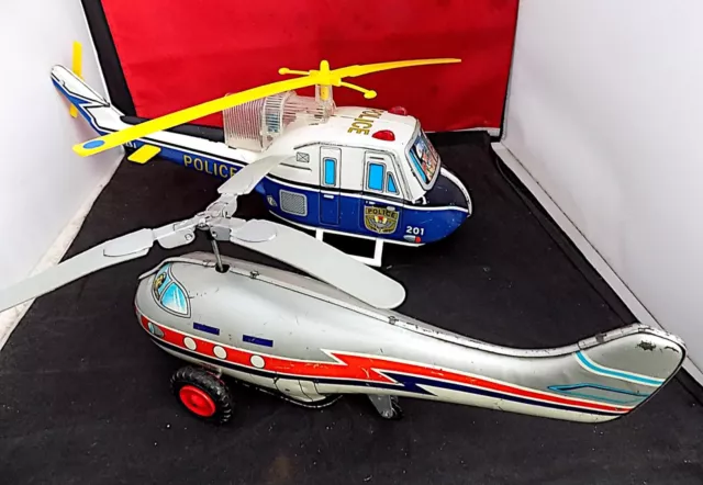 Vintage Tin + Plastic Helicopters x 2 - Battery Police Copter, Japan + Friction.