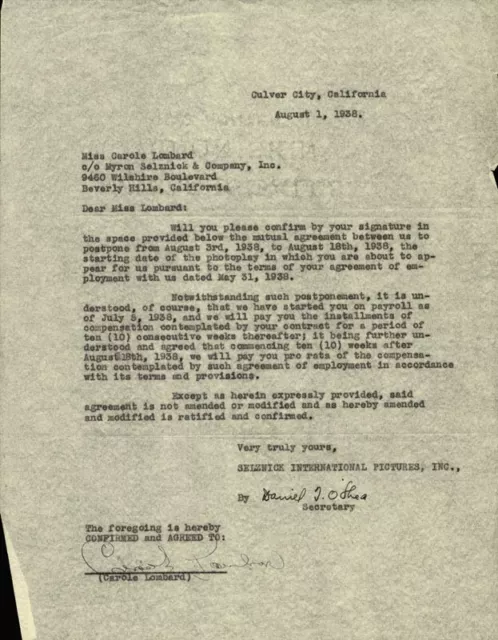 Carole Lombard - Document Signed 08/01/1938 Co-Signed By: Daniel T. O''shea