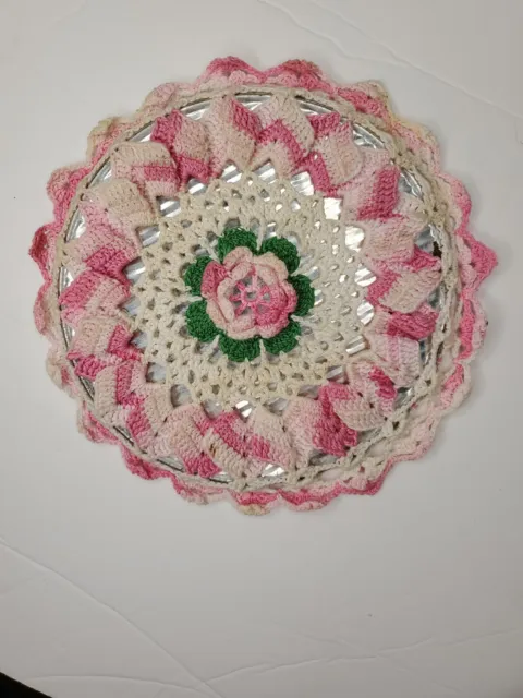 Pink Rose  Crochet Round Doily Hot Plate Kitchen Home Decor Ruffled Hand Made