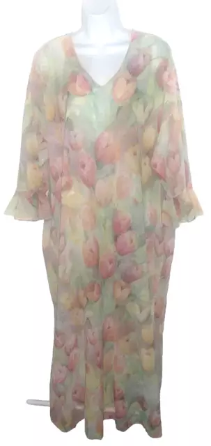 MARY McFADDEN Vintage Sheer Chiffon Watercolor Floral Caftan W/ Pockets O/S