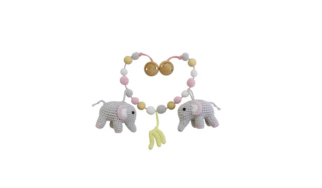 Sindibaba Chaîne de Poussette au Crochet Éléphant Gris/Rose avec Hochet