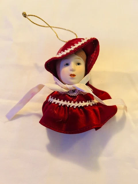 Vtg Russ Berrie Red Bonnet Girl Victorian Blonde Christmas Ornament