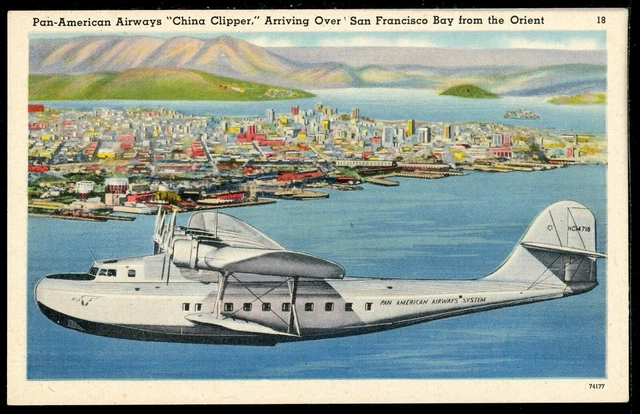 Pan American China Clipper San Francisco Bay CA Historic Vintage Linen Postcard