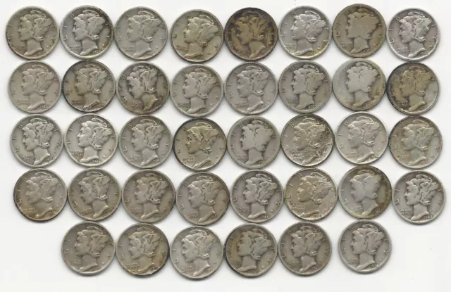 Lot Of 38 Us Silver Mercury Dimes Mixed Grades