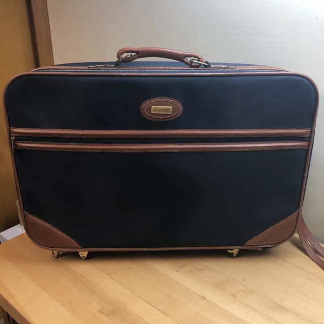 Vintage Jaguar Luggage Suitcase Blue Nylon And Brown Leather Bag 26x18x8