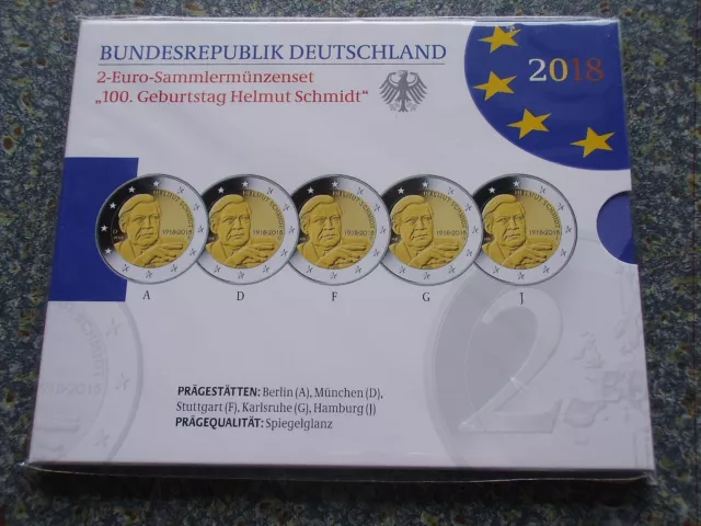 BRD 2 Euro ADFGJ 2018 PP Satz Blister Helmut Schmidt Gedenkmünze Polierte Platte