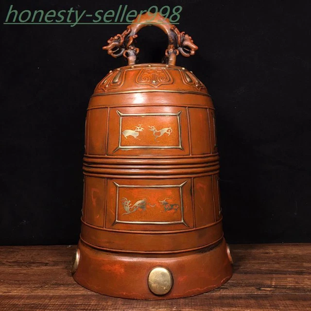 12"Tibet temple bronze 24k gold Gilt dragon beast statue Bell Chung chimes clock