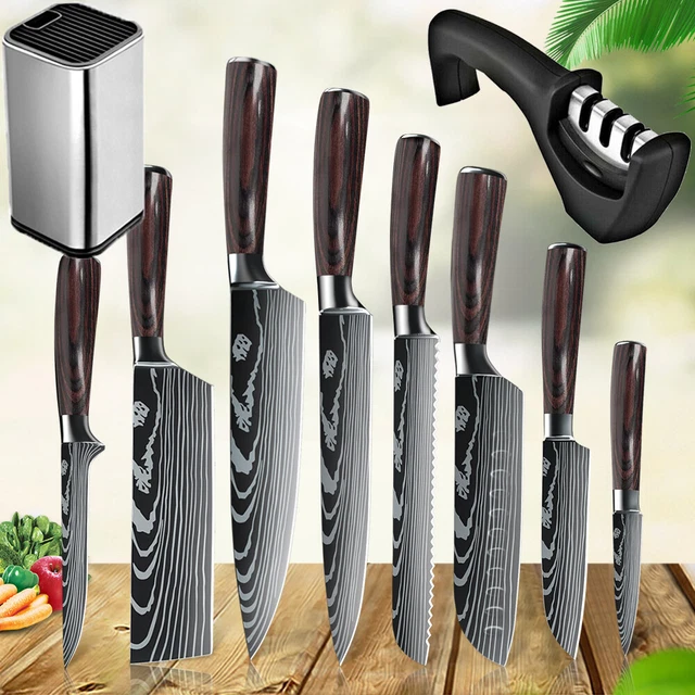 8 Stück Set Küchenmesser Kochmesser Brotmesser Fleischgabel Damaskus Edelstahl