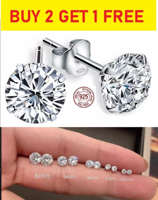 Earrings Women Men Genuine 925 Sterling Silver Cubic Zirconia Round Stud Xmas