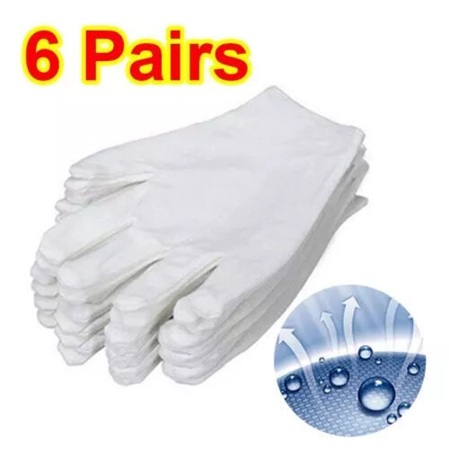 6 Pairs 100% Cotton White Gloves Dermatological Overnight Moisturizing Eczema UK