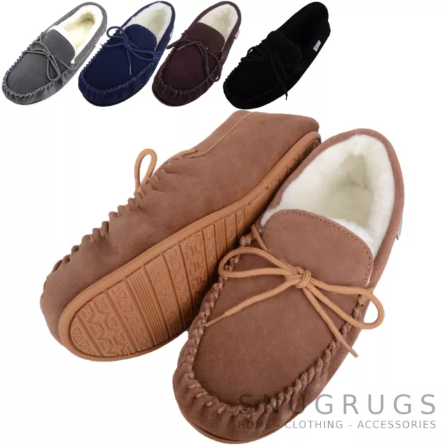 SNUGRUGS Mens Genuine Suede Moccasin Sheepskin Slippers Rubber Sole sizes 6-15