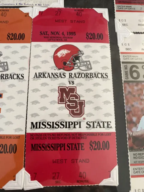 1995 Arkansas Razorbacks Vs. Mississippi State Full Unused Football Ticket 11/4