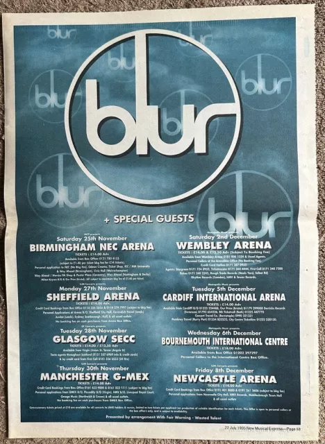 BLUR - TOUR DATES 1995 Full page UK press ad