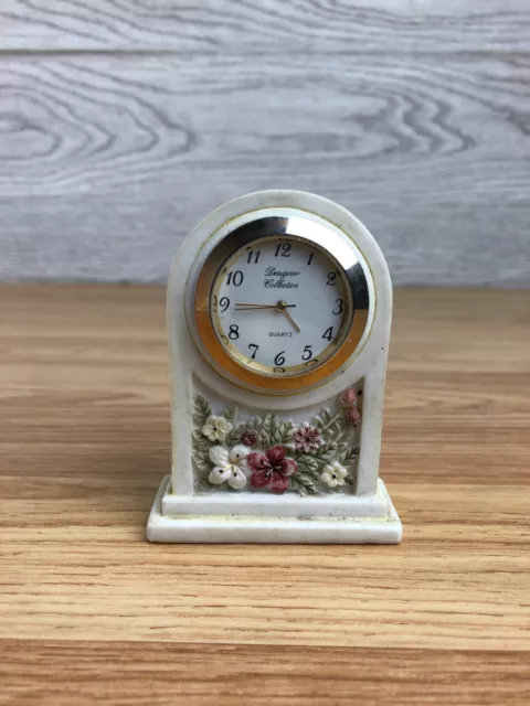 Designer Collection Quartz Miniature Clock White With Red And White Flowers