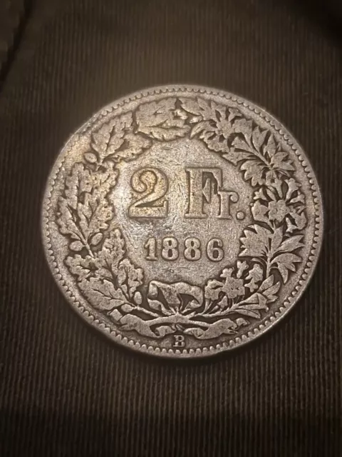 1886 2 Francs Switzerland  silver Coin Swiss Two Frank's Rare Key Date