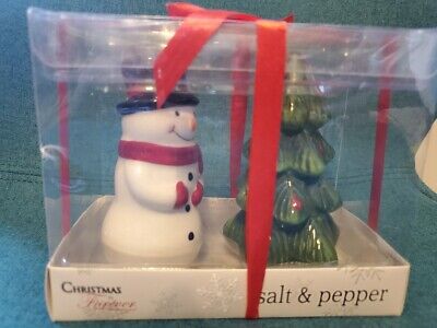 Christmas is Forever Ceramic Snowman & Christmas Tree Salt and Pepper Shaker Set