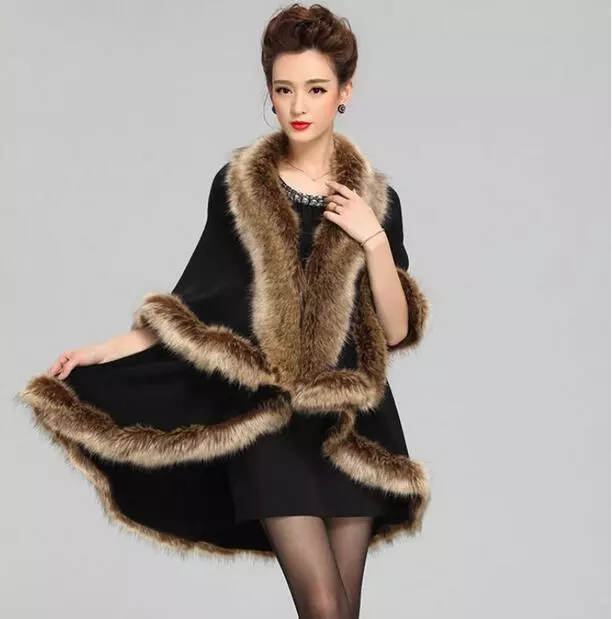 Vintage Lady Cloak Big Soft Fur Shawl Cape Womens Knitted Warm Coat Outwear Free