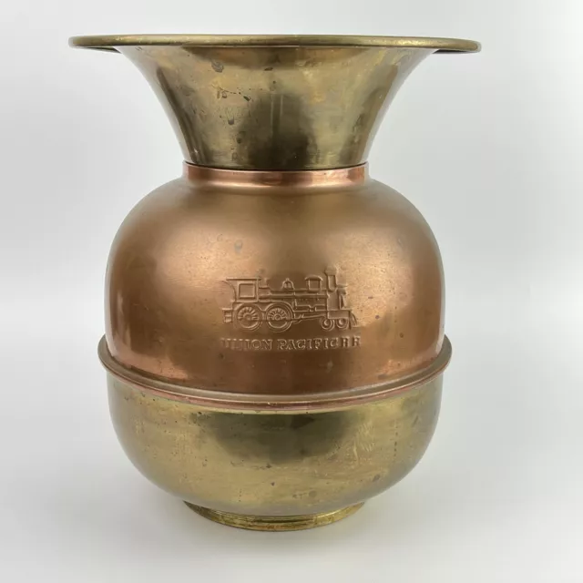 Union Pacific RR SPITTOON Copper & Brass Double Embossed Logo Weighted Vtg 10"