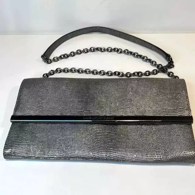 Diane Von Furstenberg -Women Metallic Silver Lizard Embossed leather clutch bag 3