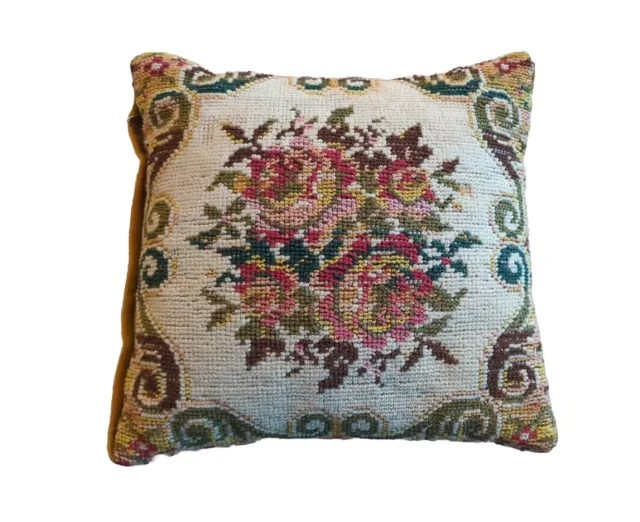 Vintage Wool Floral Rose Bouquet Needlepoint Pillow Velvet Back 12” Zippered