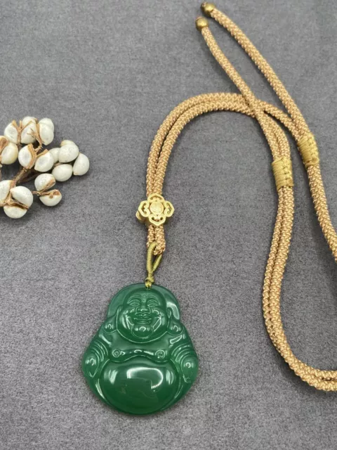 Jade Buddha Charm Pendant Necklace W/ Adjustable Cord Handmade Carved Gemstone