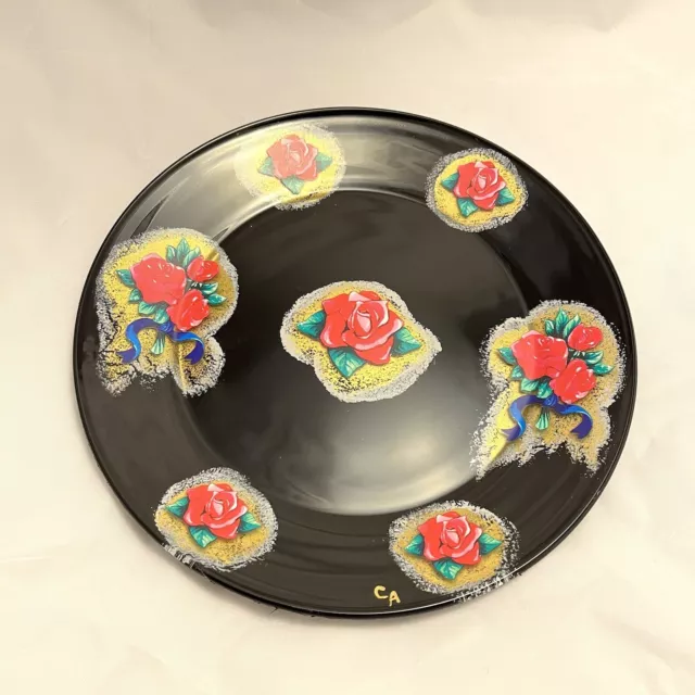 Artisan Handpainted Decorative Plate, Roses Black Gold, Signed By Artist VTG EUC