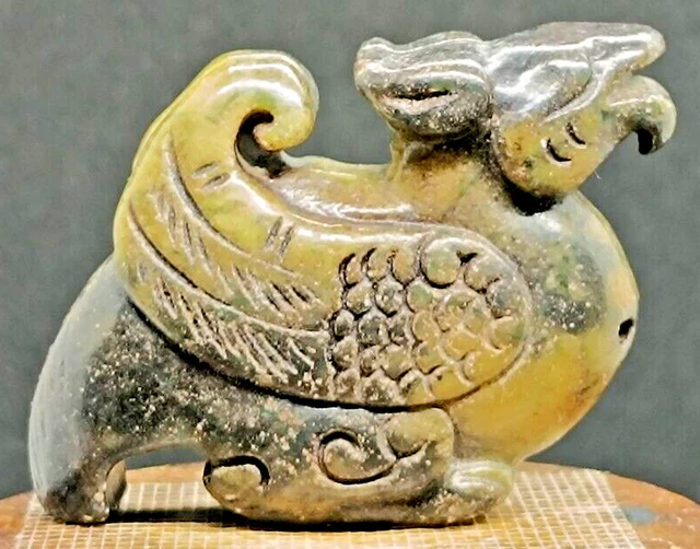 Antique Pendant Sculpture of Old Hetian Jade Dragon and Phoenix Carved