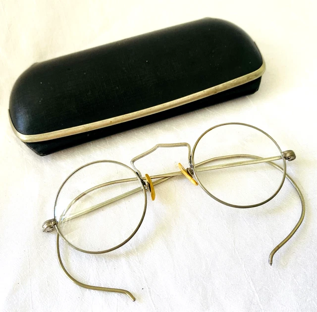 ANTIQUE Silver Tone ROUND Framed Bifocal Eyeglasses with Art Deco Case