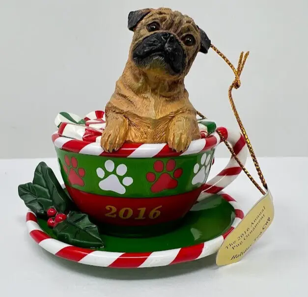 The Danbury Mint Pug Dog Holiday Tea Cup Christmas Ornament 2016