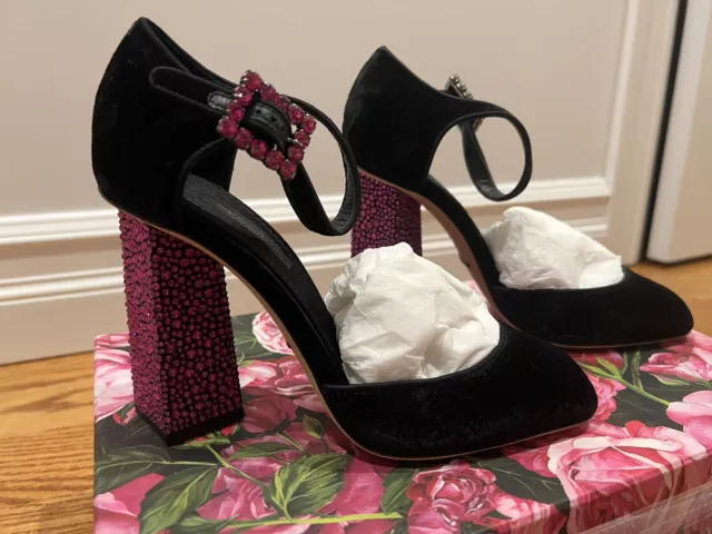 Dolce & Gabbana Velvet Mary Jane Pumps w. Crystals Size 37