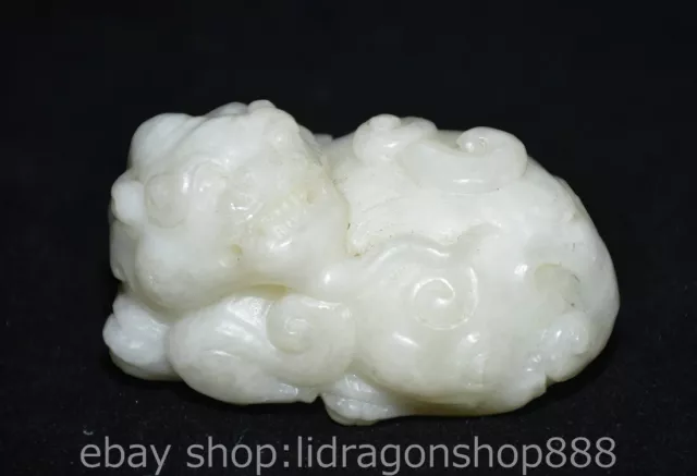 3.2" Old Chinese White Hetian Jade Carving Palace Lion Unicorn Beast Statue