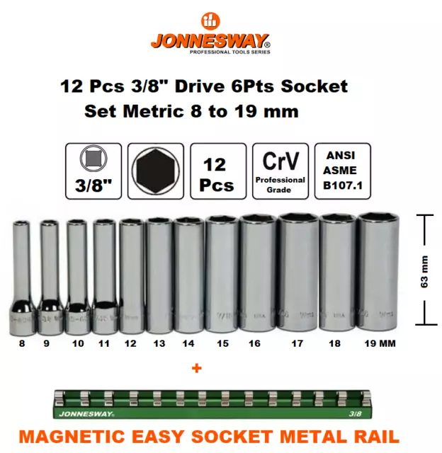 Jonnesway 13 Pcs 3/8" Drive 6PT Deep Metric Socket Set 8 to 19mm + Magnetic Rail