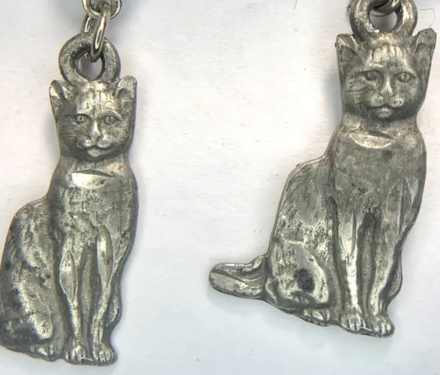 Vintage Silver Cat Dangle Drop Etched Engraved Earrings