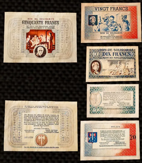 1940 - Lot 3 billets  50, 20, 10 Francs Bon de Solidarité Vichy (REPRODUCTION)