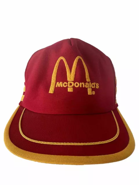 Vintage 70s Mcdonalds Hat Cap Red Snapback Trucker Mesh 3 Stripe Restaurant RARE