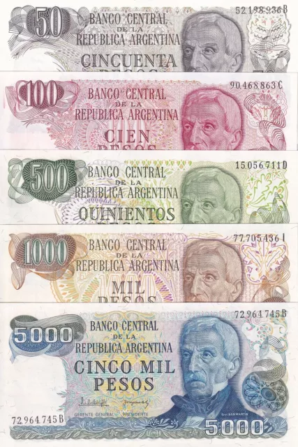 Argentina Set 5 Pcs 50 100 500 1000 5000 Pesos ND 1976-83 P 301 302 303-305 UNC