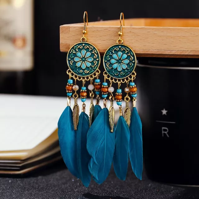 Boucles d'oreilles Boho longues plumes pour femmes Style Bohème été Pendantes