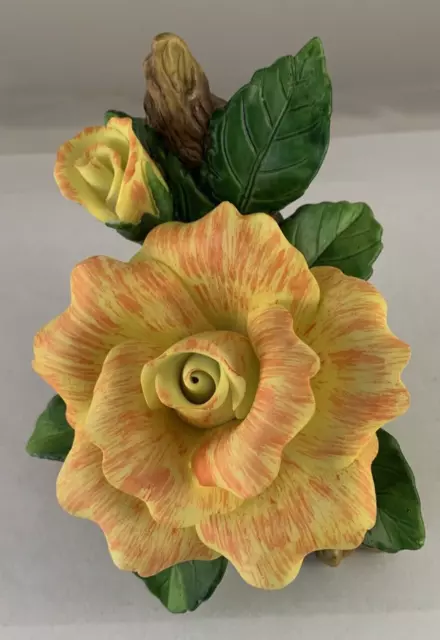 VTG Porcelain Rose and Bud Variegated Yellow Orange on Branch Log 1999 EUC